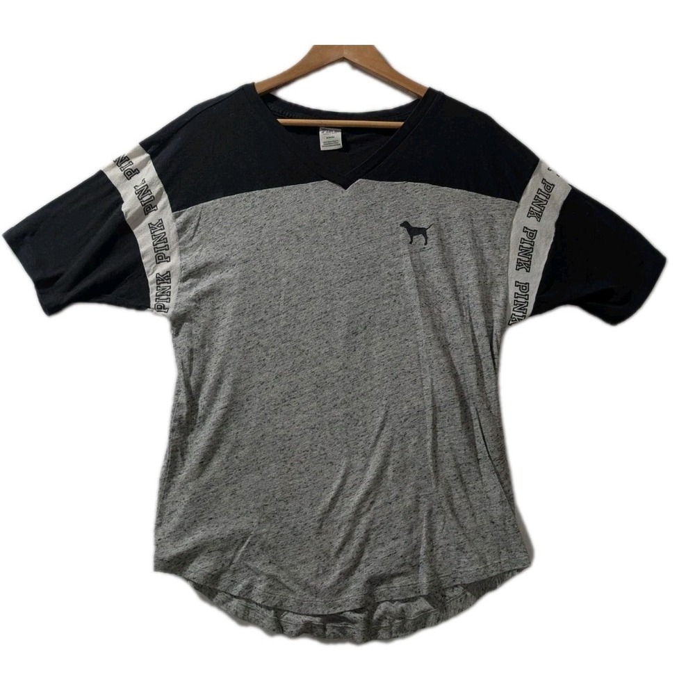 VS PINK‎ Colorblock Varsity Tee M Black Gray Dog Logo Sleeve Tape Casual Top